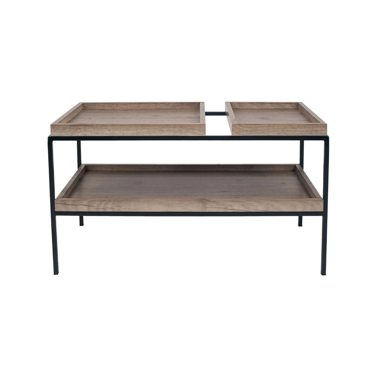 Natural Wood Effect Veneer 2 Shelf Coffee Table with Removable Trays & Black Metal Frame – front view with smaller top tray on right | Click Style