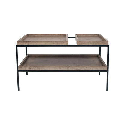 Natural Wood Effect Veneer 2 Shelf Coffee Table with Removable Trays & Black Metal Frame – front view with smaller top tray on right | Click Style