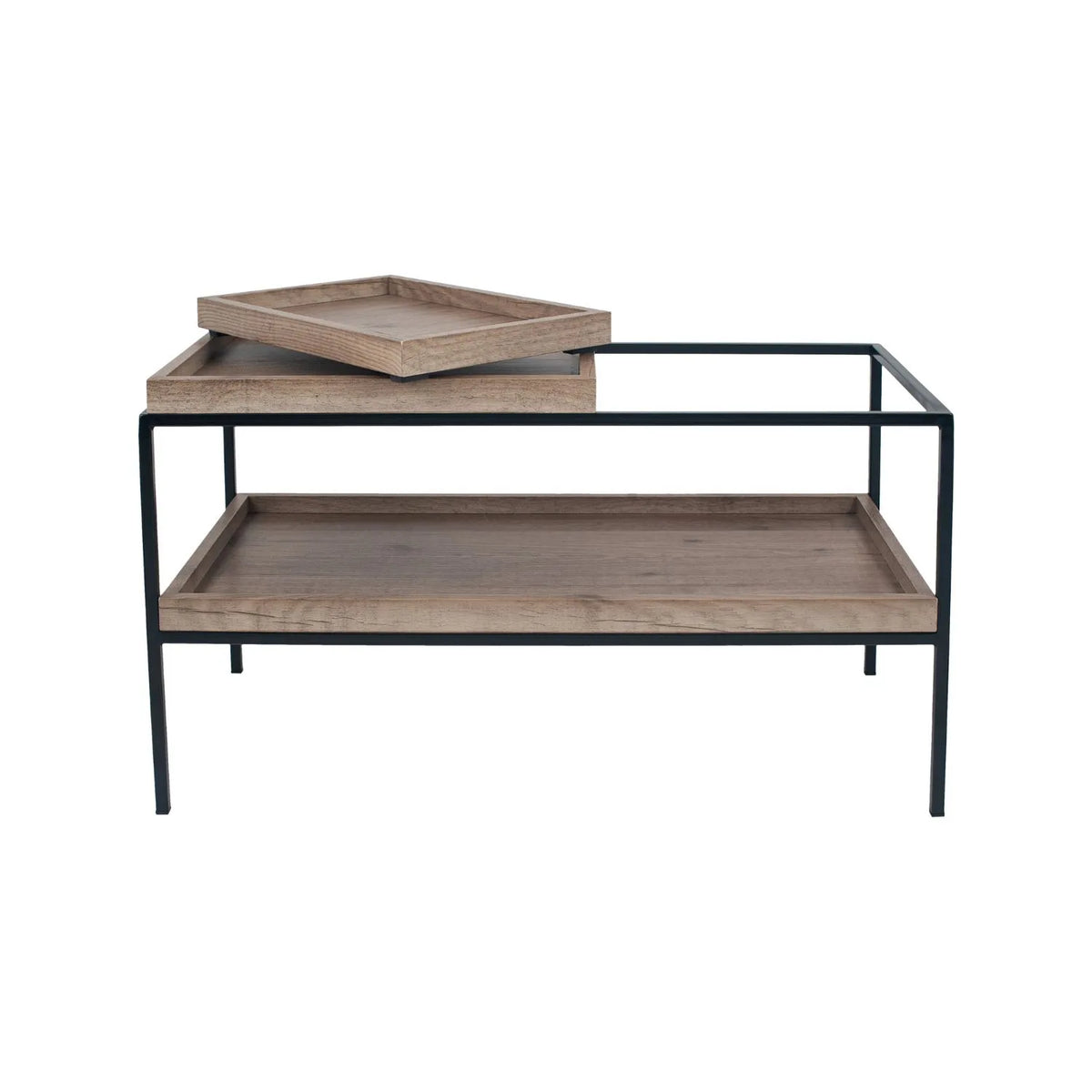 Natural Wood Effect Veneer 2 Shelf Coffee Table with Removable Trays & Black Metal Frame – front view showing removable trays with smaller tray balanced on larger top tray | Click Style
