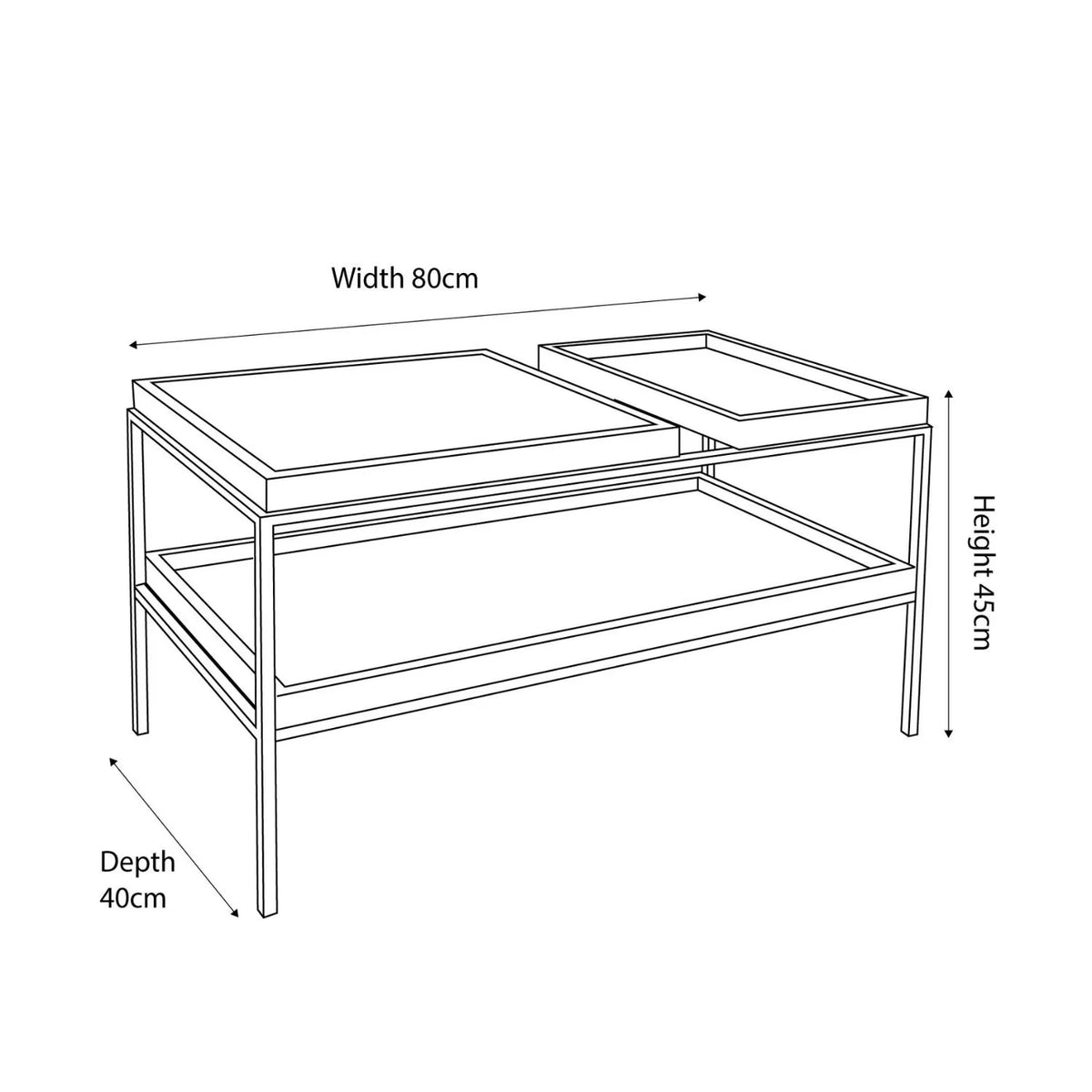 Natural Wood Effect Veneer 2 Shelf Coffee Table with 3 Trays & Black Metal Frame – dimension drawing H45xW80xD40cm | Click Style