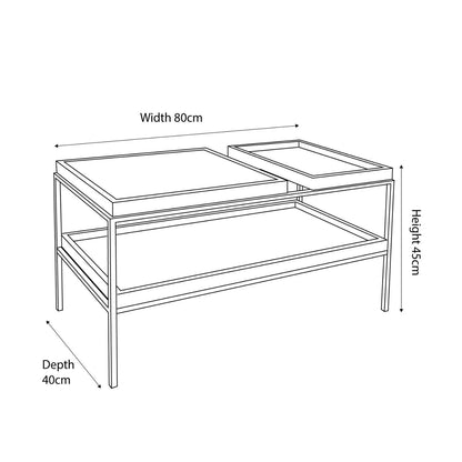 Natural Wood Effect Veneer 2 Shelf Coffee Table with 3 Trays & Black Metal Frame – dimension drawing H45xW80xD40cm | Click Style