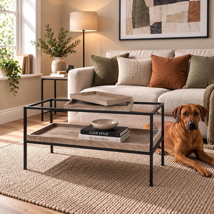 Natural Wood Effect Veneer 2 Shelf Coffee Table with Stacked Removable Trays & Black Metal Frame – lifestyle view with Rhodesian Ridgeback | Click Style