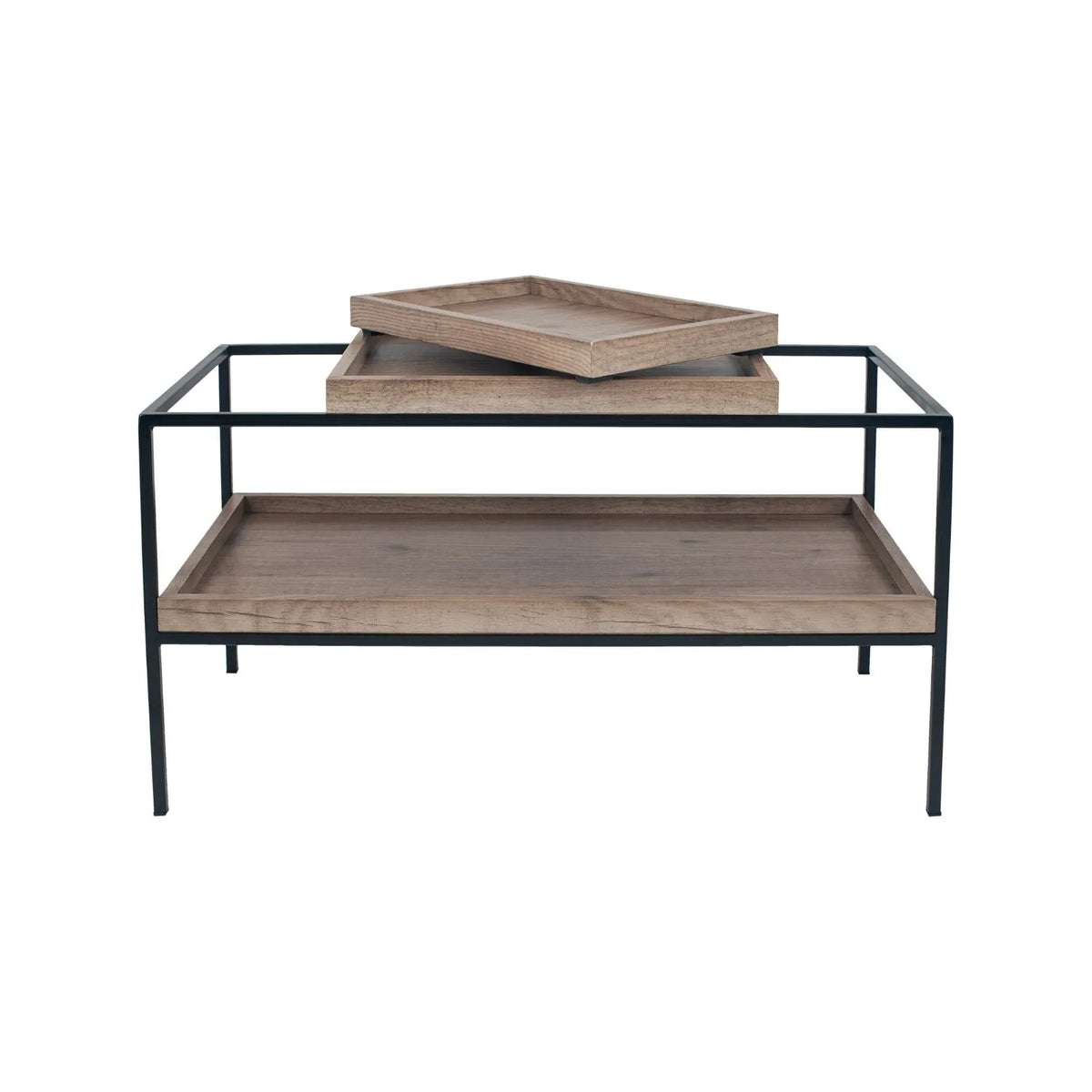 Natural Wood Effect Veneer 2 Shelf Coffee Table with Removable Trays & Black Metal Frame – front view showing removable trays with larger tray centred on top and smaller tray balanced above | Click Style
