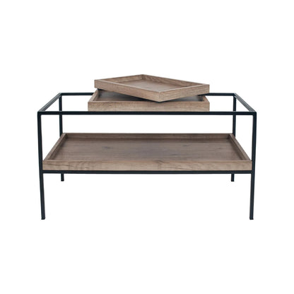 Natural Wood Effect Veneer 2 Shelf Coffee Table with Removable Trays & Black Metal Frame – front view showing removable trays with larger tray centred on top and smaller tray balanced above | Click Style