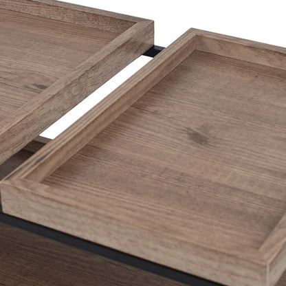 Natural Wood Effect Veneer 2 Shelf Coffee Table with Removable Trays & Black Metal Frame – close-up of two top trays | Click Style