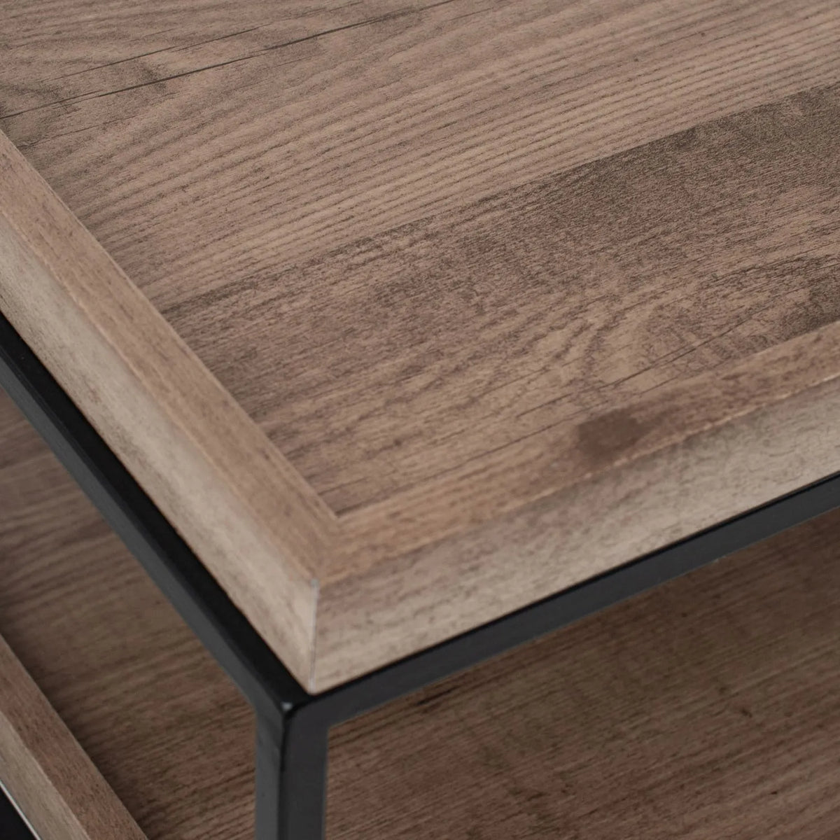 Natural Wood Effect Veneer 2 Shelf Coffee Table with Removable Trays & Black Metal Frame – close-up of tray corner and raised edge | Click Style