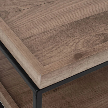 Natural Wood Effect Veneer 2 Shelf Coffee Table with Removable Trays & Black Metal Frame – close-up of tray corner and raised edge | Click Style