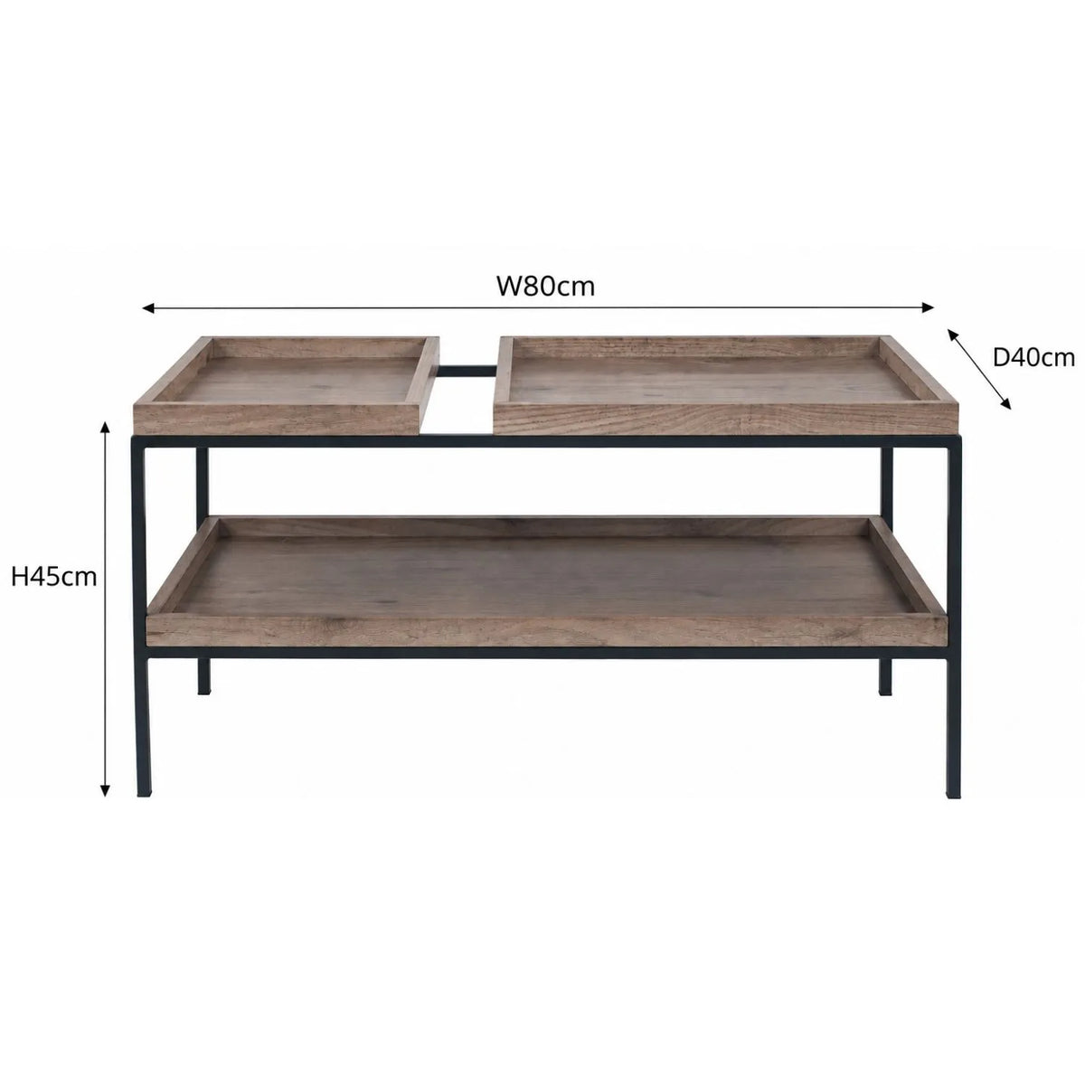 Natural Wood Effect Veneer 2 Shelf Coffee Table with Removable Trays & Black Metal Frame – full front view with smaller tray on left and dimensions | Click Style
