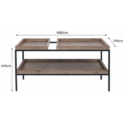 Natural Wood Effect Veneer 2 Shelf Coffee Table with Removable Trays & Black Metal Frame – full front view with smaller tray on left and dimensions | Click Style