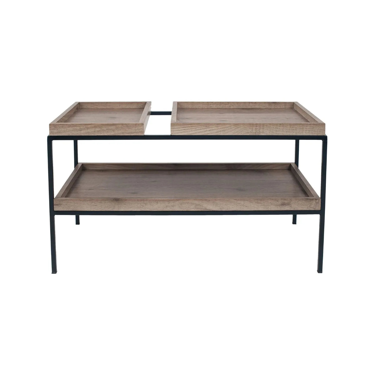 Natural Wood Effect Veneer 2 Shelf Coffee Table with Removable Trays & Black Metal Frame – front view with smaller top tray on left | Click Style