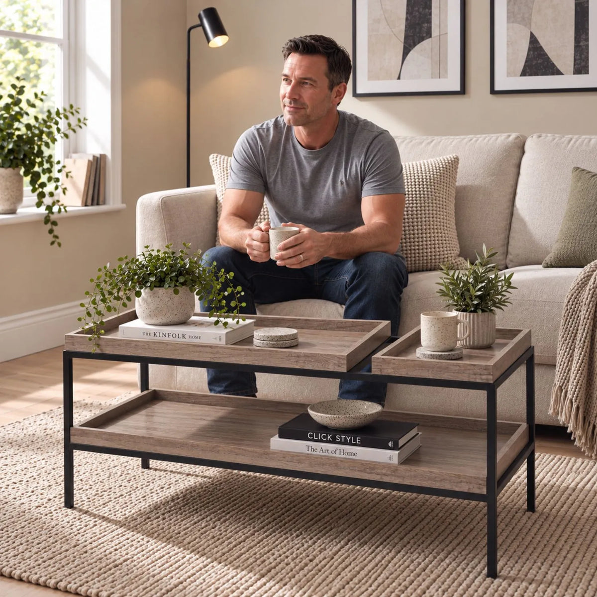 Natural Wood Effect Veneer 2 Shelf Coffee Table with Removable Trays & Black Metal Frame – lifestyle view with man | Click Style