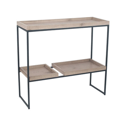 Natural Wood Effect Veneer 2 Shelf Display Unit with 3 Trays & Black Metal Frame – Front & Side View Angled Right | Click Style