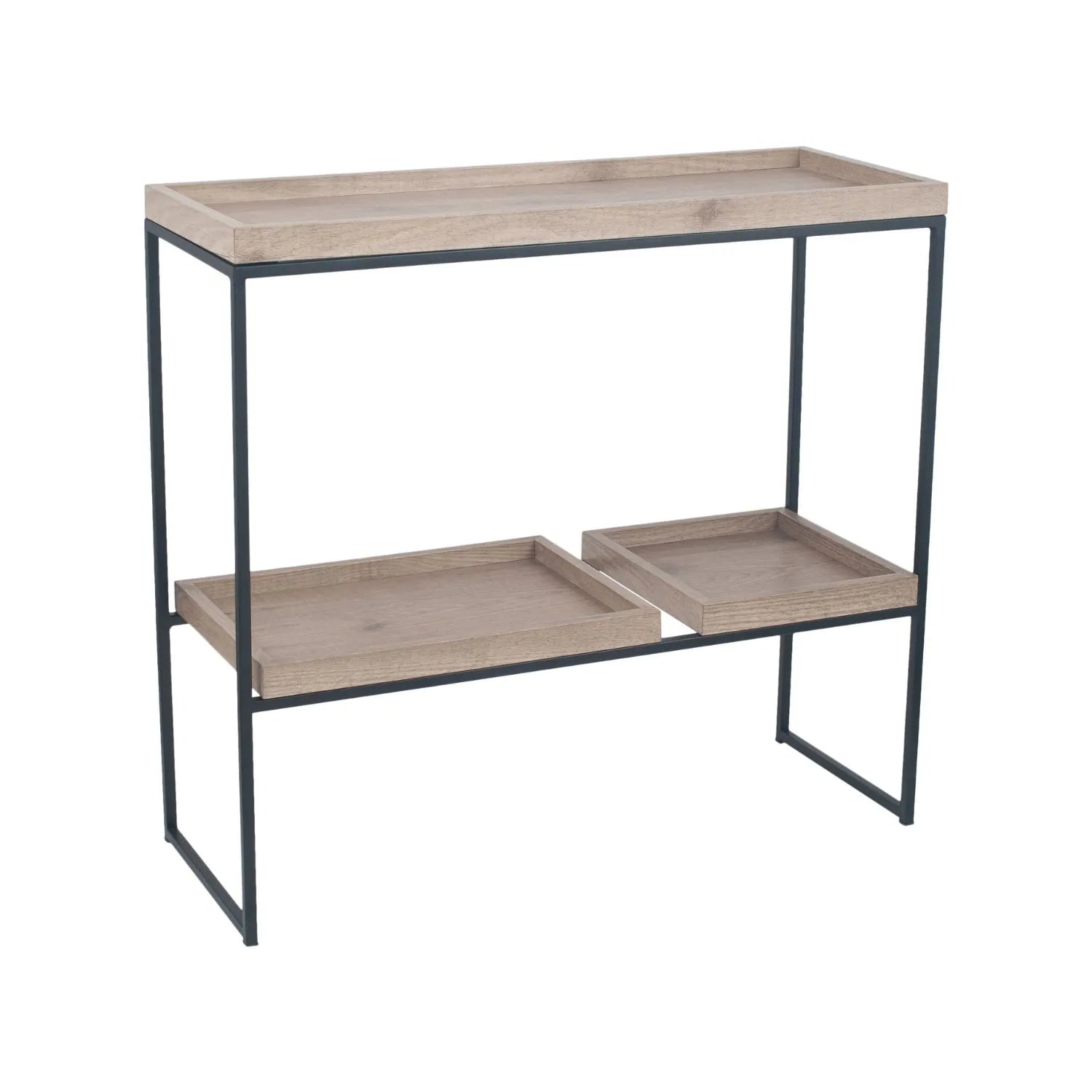 Natural Wood Effect Veneer 2 Shelf Display Unit with 3 Trays & Black Metal Frame – Back & Side View Angled Right | Click Style