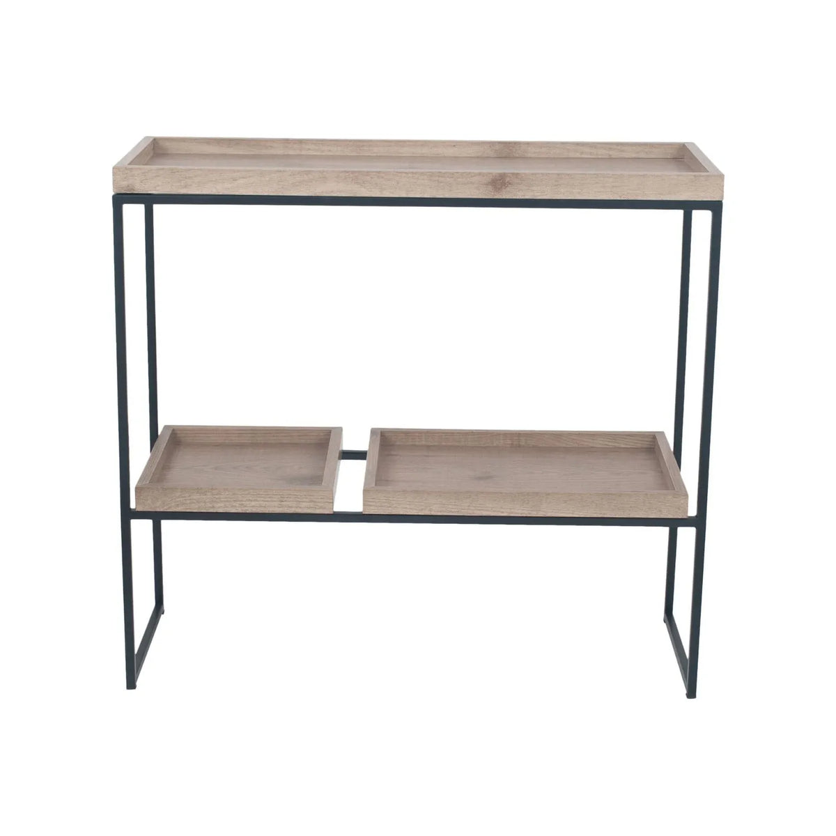 Natural Wood Effect Veneer 2 Shelf Display Unit with 3 Trays & Black Metal Frame – Front View | Click Style