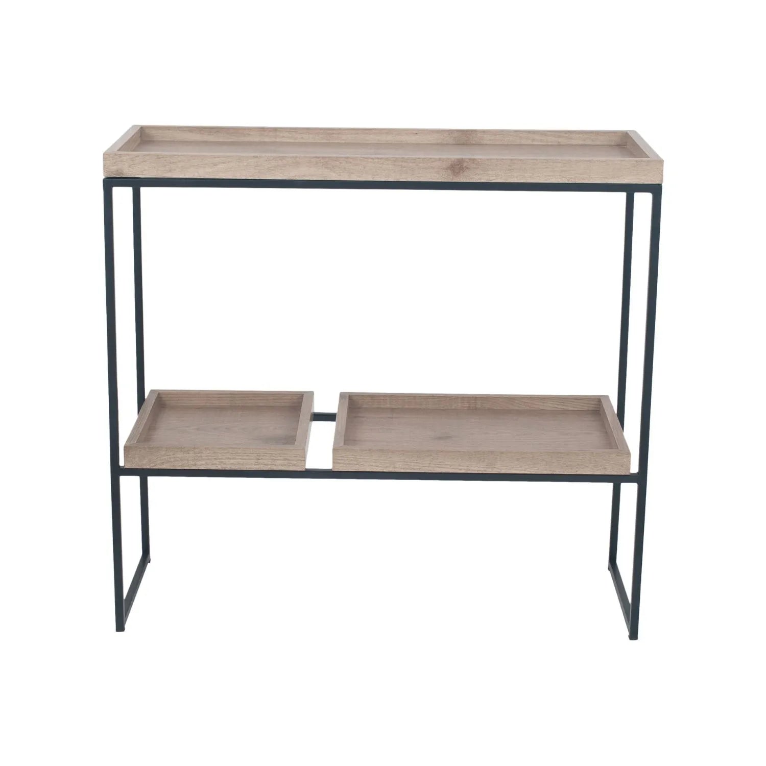 Natural Wood Effect Veneer 2 Shelf Display Unit with 3 Trays & Black Metal Frame – Front View | Click Style