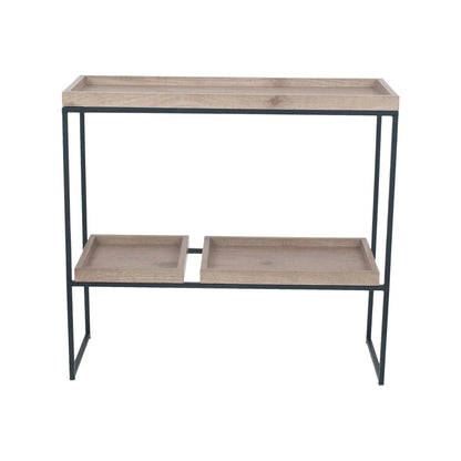 Natural Wood Effect Veneer 2 Shelf Display Unit with 3 Trays & Black Metal Frame – Front View | Click Style