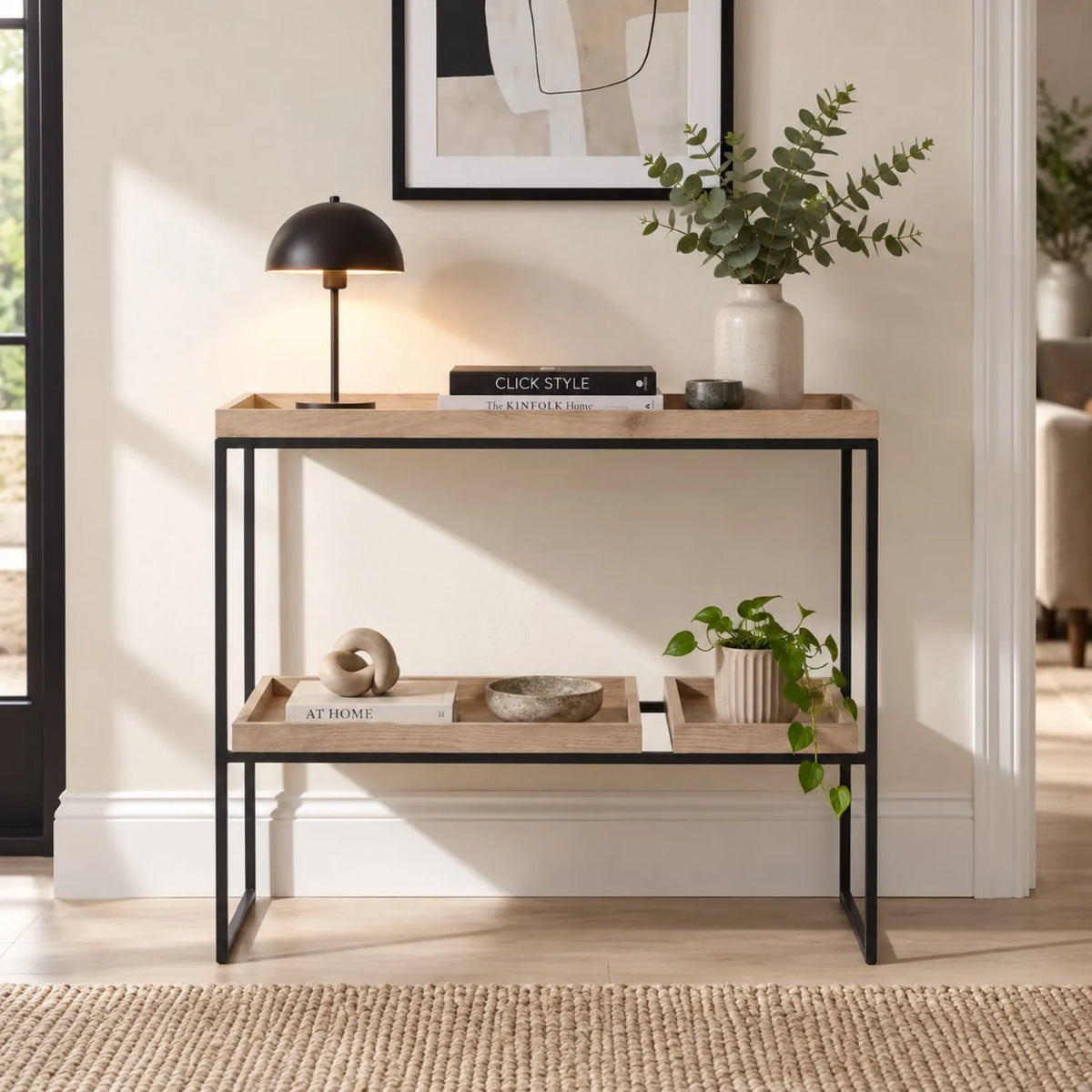 Natural Wood Effect Veneer 2 Shelf Display Unit with 3 Trays & Black Metal Frame styled in a contemporary living space | Click Style