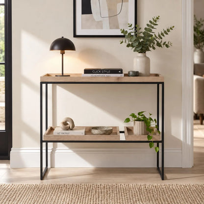 Natural Wood Effect Veneer 2 Shelf Display Unit with 3 Trays & Black Metal Frame styled in a contemporary living space | Click Style