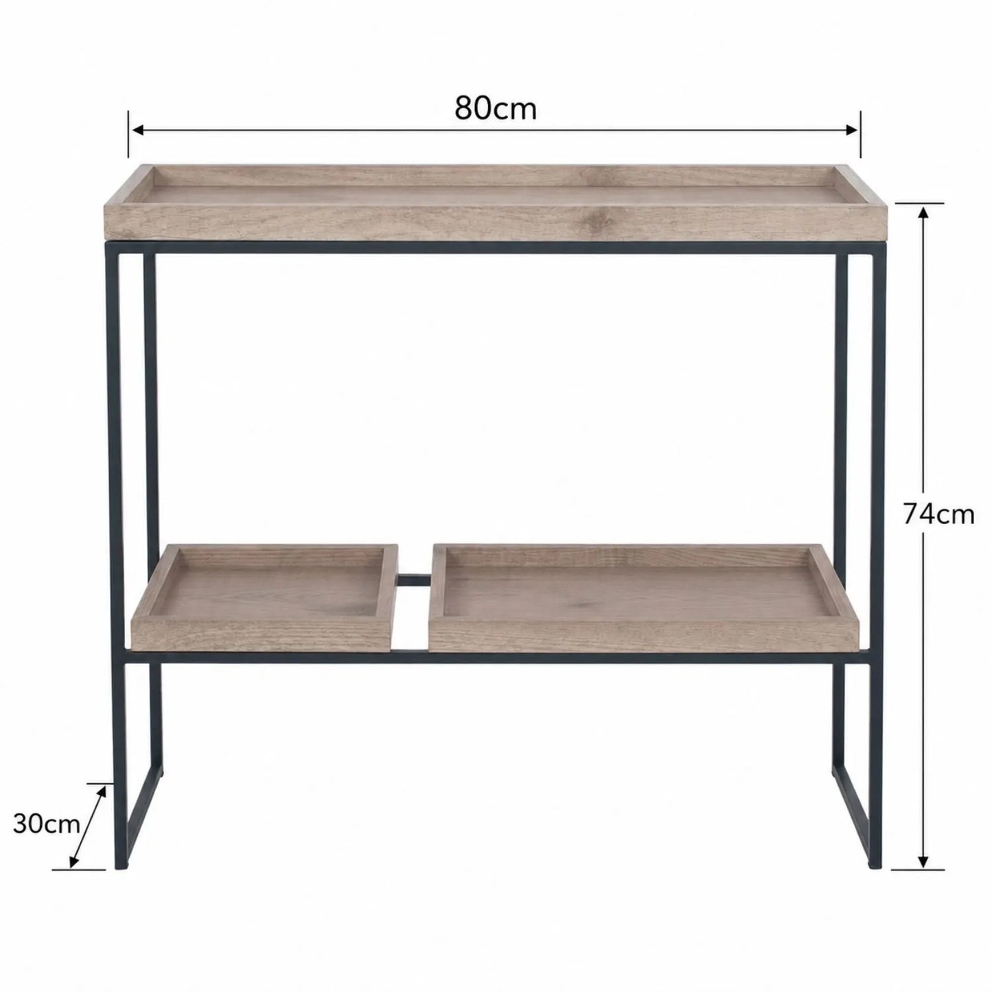 Natural Wood Effect Veneer 2 Shelf Display Unit with 3 Trays & Black Metal Frame – Front View with Dimensions | Click Style