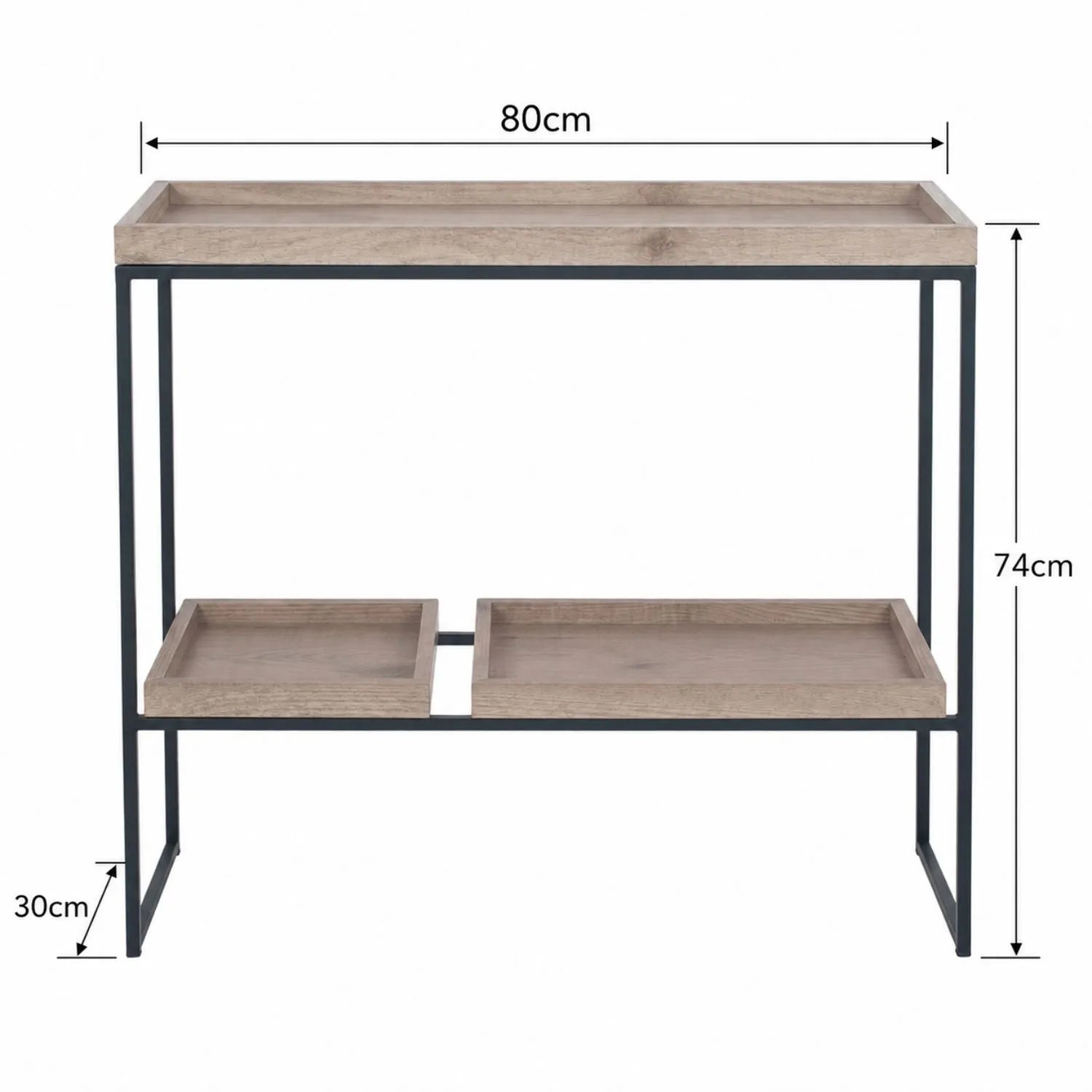 Natural Wood Effect Veneer 2 Shelf Display Unit with 3 Trays & Black Metal Frame – Front View with Dimensions | Click Style