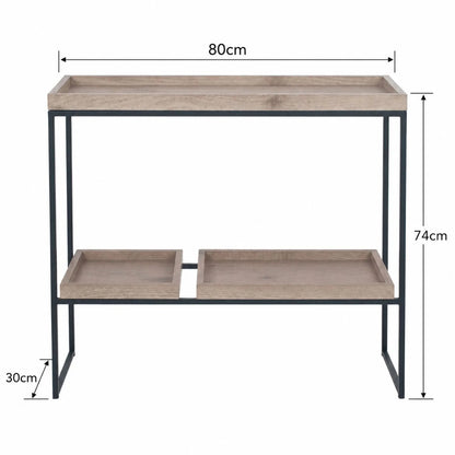 Natural Wood Effect Veneer 2 Shelf Display Unit with 3 Trays & Black Metal Frame – Front View with Dimensions | Click Style