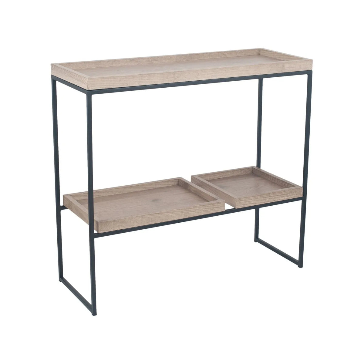 Natural Wood Effect Veneer 2 Shelf Display Unit with 3 Trays & Black Metal Frame – Back & Side View Angled Right | Click Style
