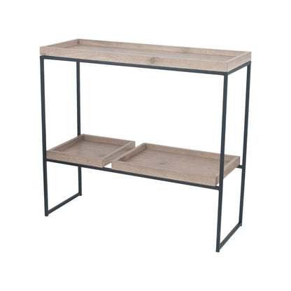 Natural Wood Effect Veneer 2 Shelf Display Unit with 3 Trays & Black Metal Frame – Front & Side View Angled Left | Click Style