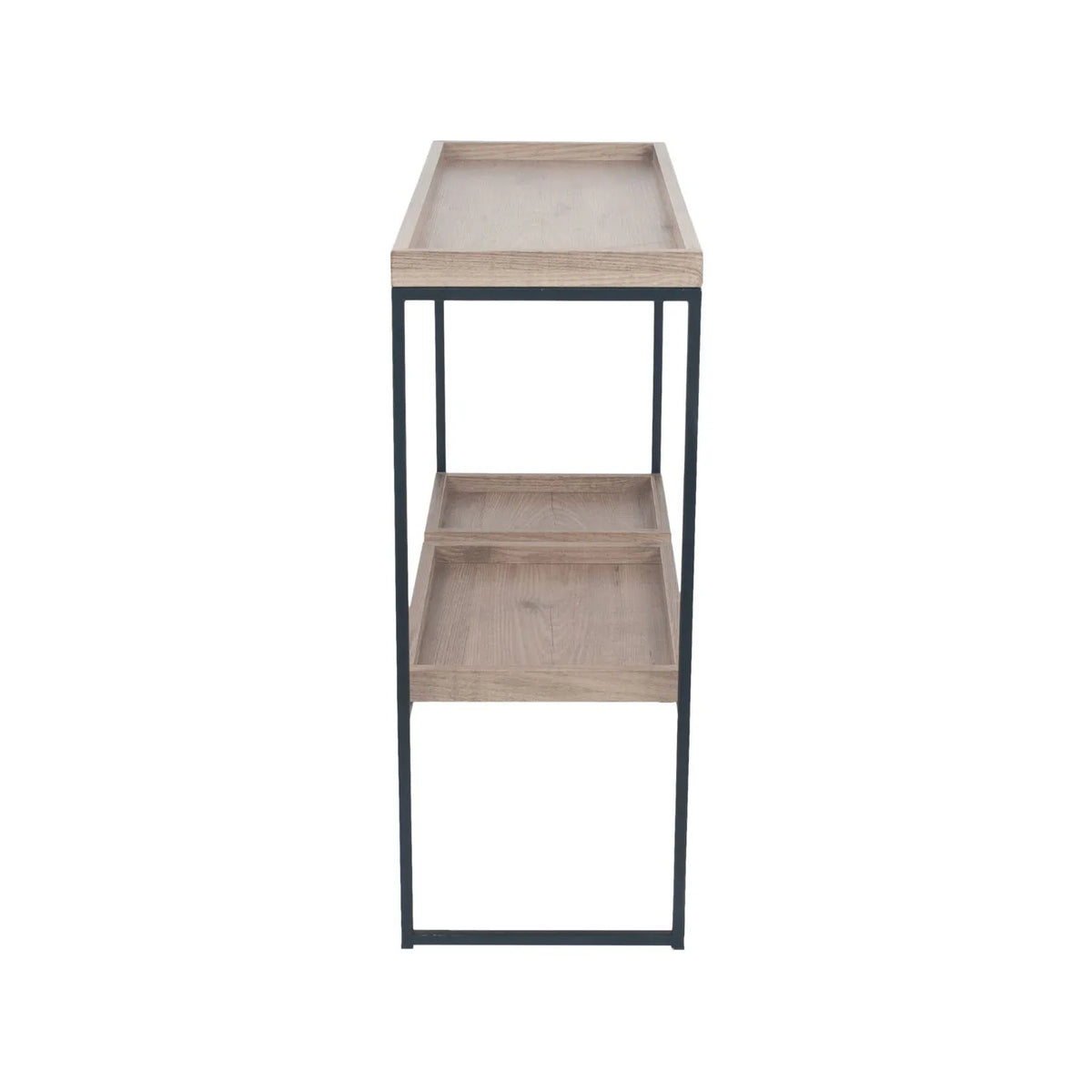 Natural Wood Effect Veneer 2 Shelf Display Unit with 3 Trays & Black Metal Frame – Side View with Larger Bottom Tray at Front | Click Style