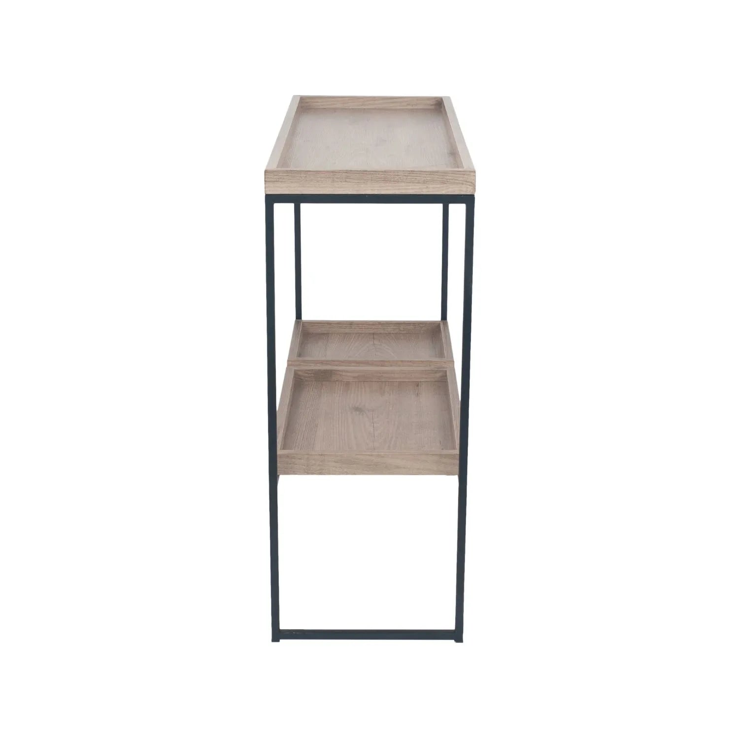 Natural Wood Effect Veneer 2 Shelf Display Unit with 3 Trays & Black Metal Frame – Side View with Larger Bottom Tray at Front | Click Style