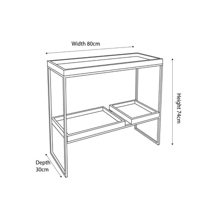 Natural Wood Effect Veneer 2 Shelf Display Unit with 3 Trays & Black Metal Frame – Back View Drawing with Dimensions | Click Style