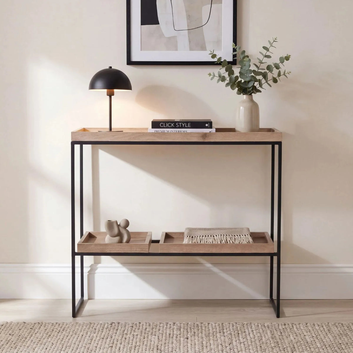 Natural Wood Effect Veneer 2 Shelf Display Unit with 3 Trays & Black Metal Frame styled with woman and decorative accessories | Click Style