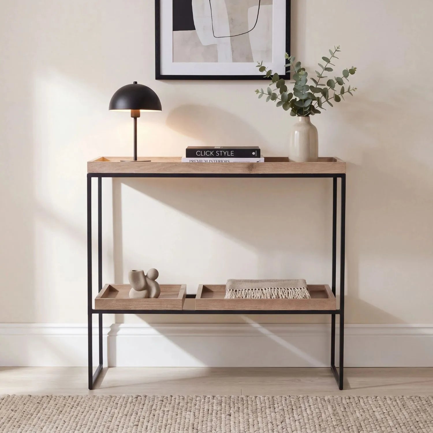 Natural Wood Effect Veneer 2 Shelf Display Unit with 3 Trays & Black Metal Frame styled with woman and decorative accessories | Click Style