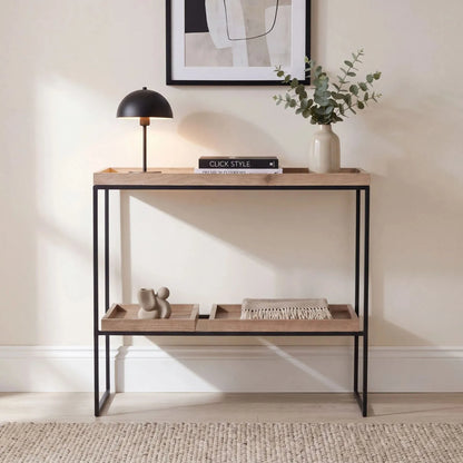Natural Wood Effect Veneer 2 Shelf Display Unit with 3 Trays & Black Metal Frame styled with woman and decorative accessories | Click Style