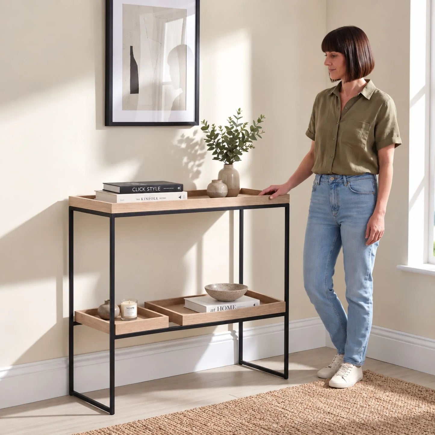 Natural Wood Effect Veneer 2 Shelf Display Unit with 3 Trays & Black Metal Frame styled in a contemporary home with woman | Click Style