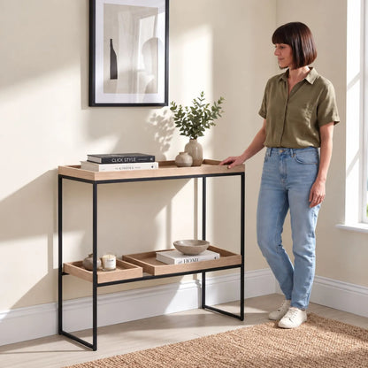Natural Wood Effect Veneer 2 Shelf Display Unit with 3 Trays & Black Metal Frame styled in a contemporary home with woman | Click Style