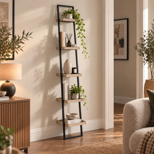 Natural Wood Effect Veneer 5 Shelf Ladder Shelving Unit with Black Metal Frame – Styled Living Room View | Click Style