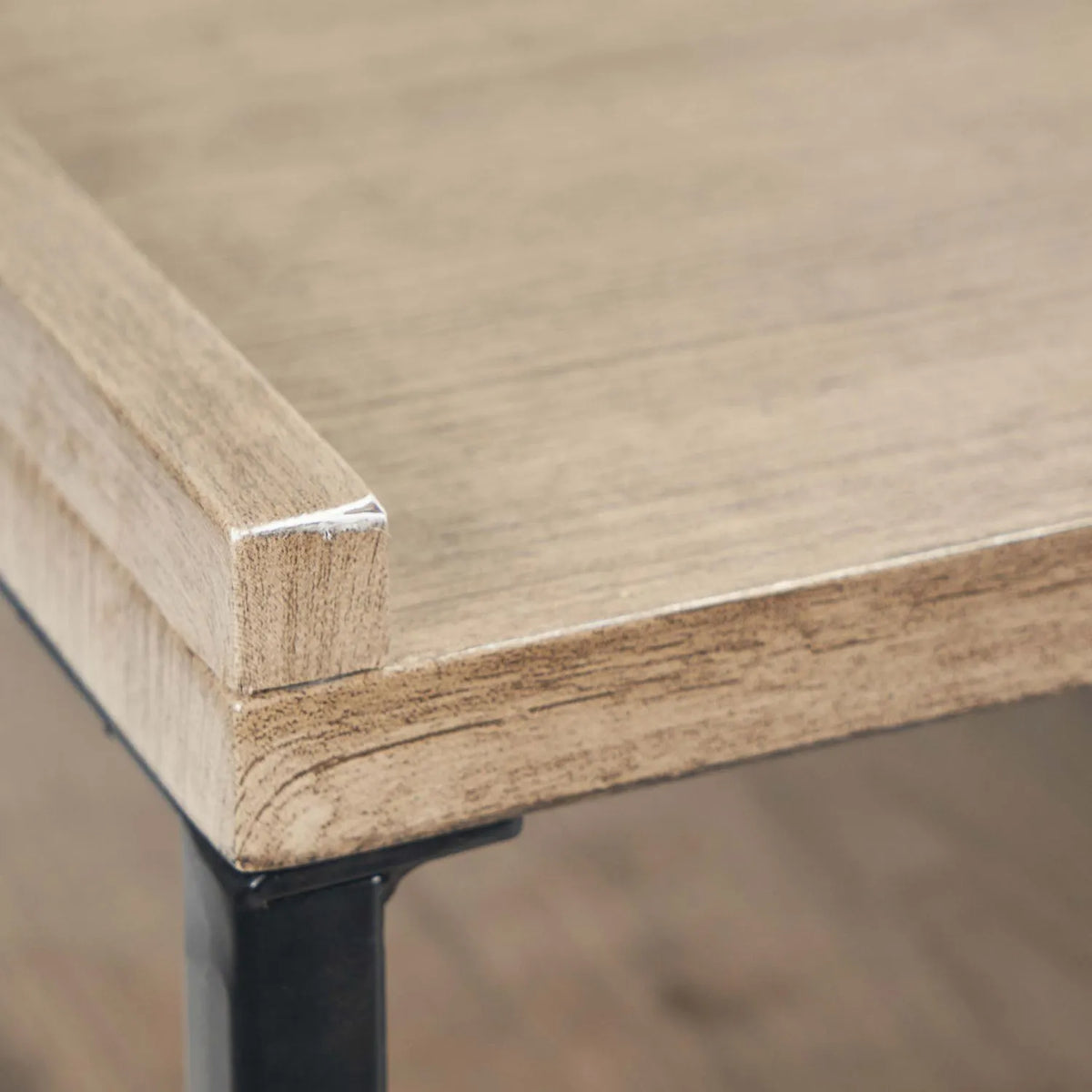 Natural wood effect veneer desk close-up of top left corner and wood grain detail | Click Style