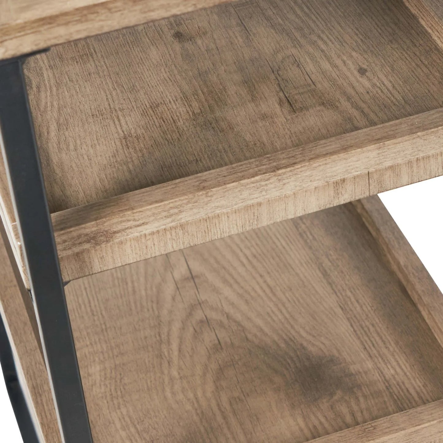 Natural wood effect veneer desk close-up of 2 storage shelves and black metal frame | Click Style