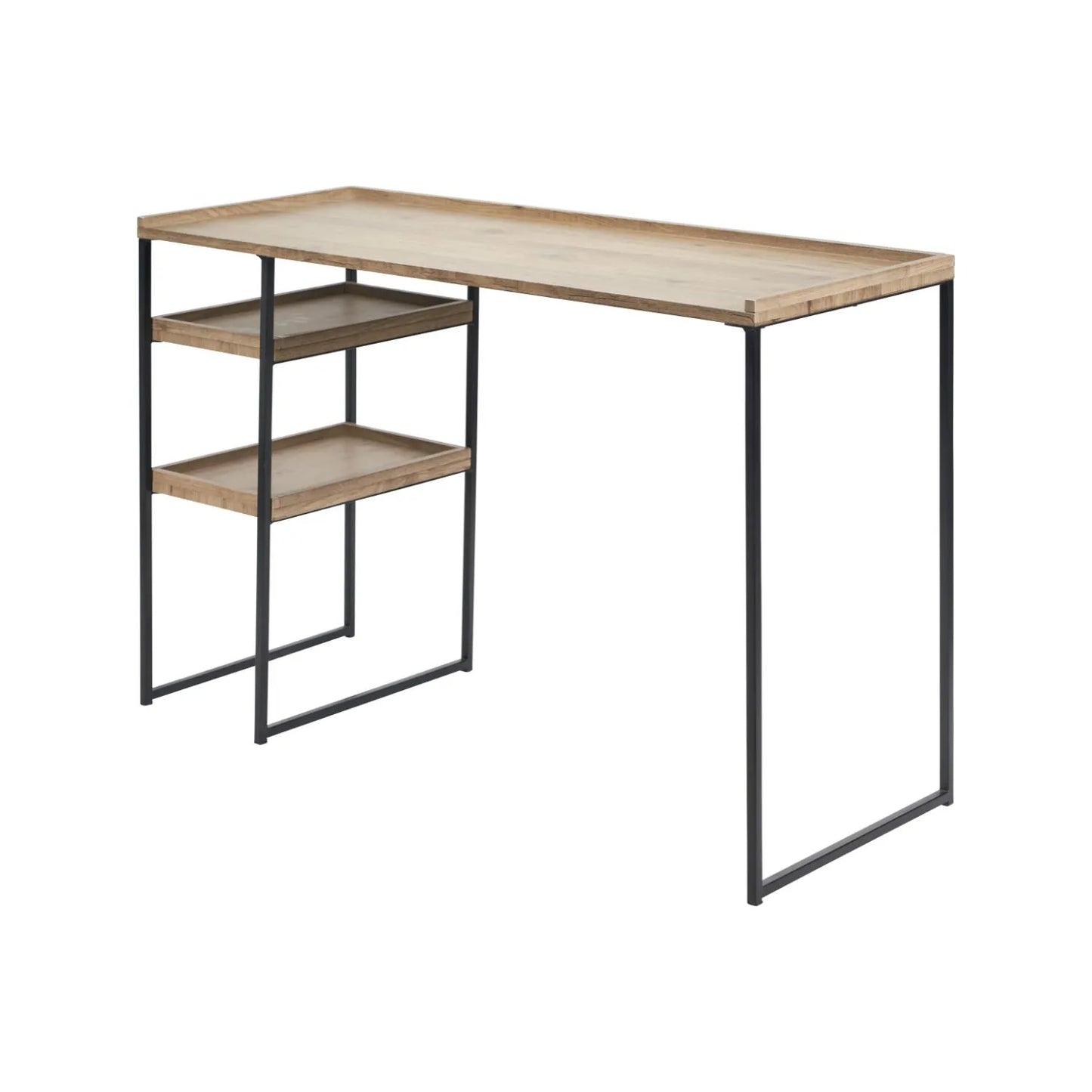 Natural wood effect veneer desk with 2 storage shelves and black metal frame angled front and side view | Click Style