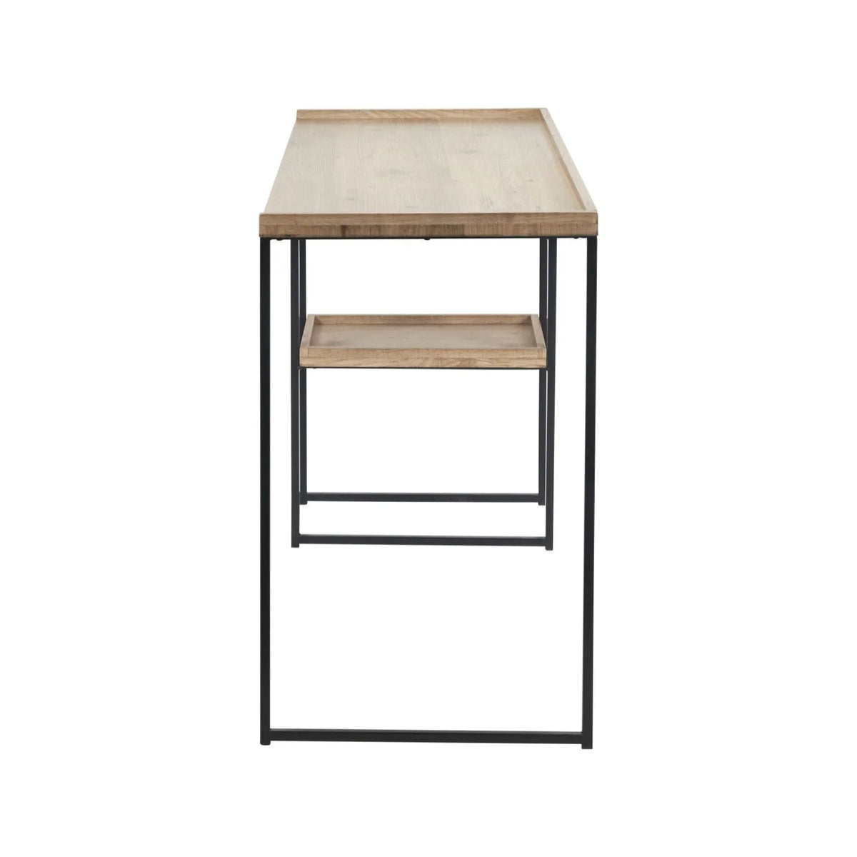 Natural wood effect veneer desk with 2 storage shelves and black metal frame side view with rear shelving | Click Style