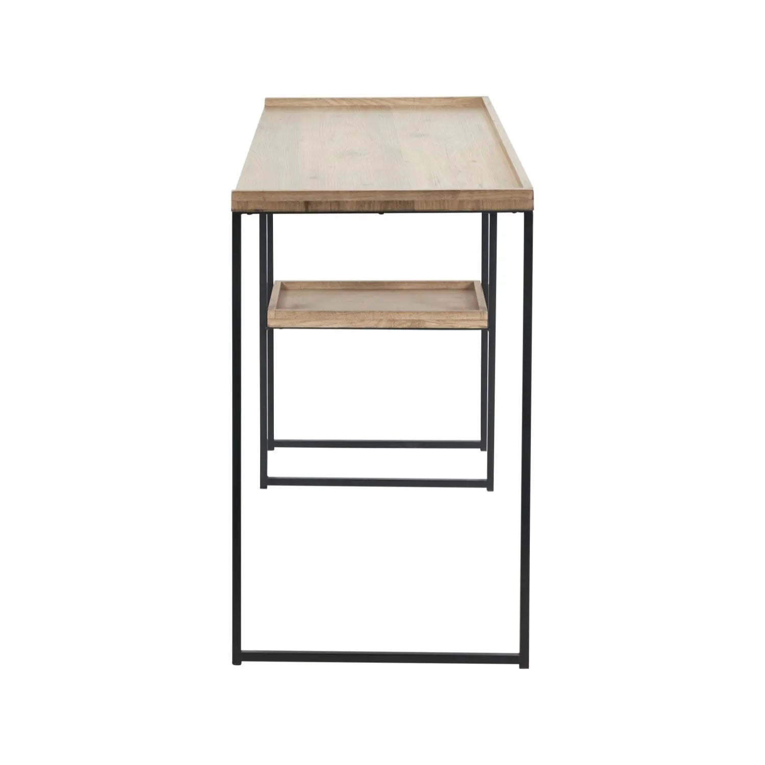 Natural wood effect veneer desk with 2 storage shelves and black metal frame side view with rear shelving | Click Style