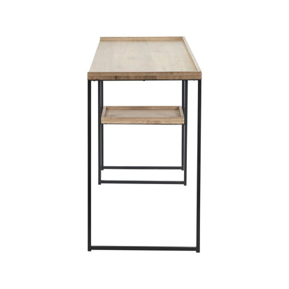 Natural wood effect veneer desk with 2 storage shelves and black metal frame side view with rear shelving | Click Style