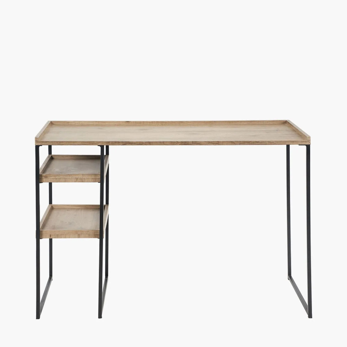 Natural wood effect veneer desk with 2 storage shelves and black metal frame front view | Click Style