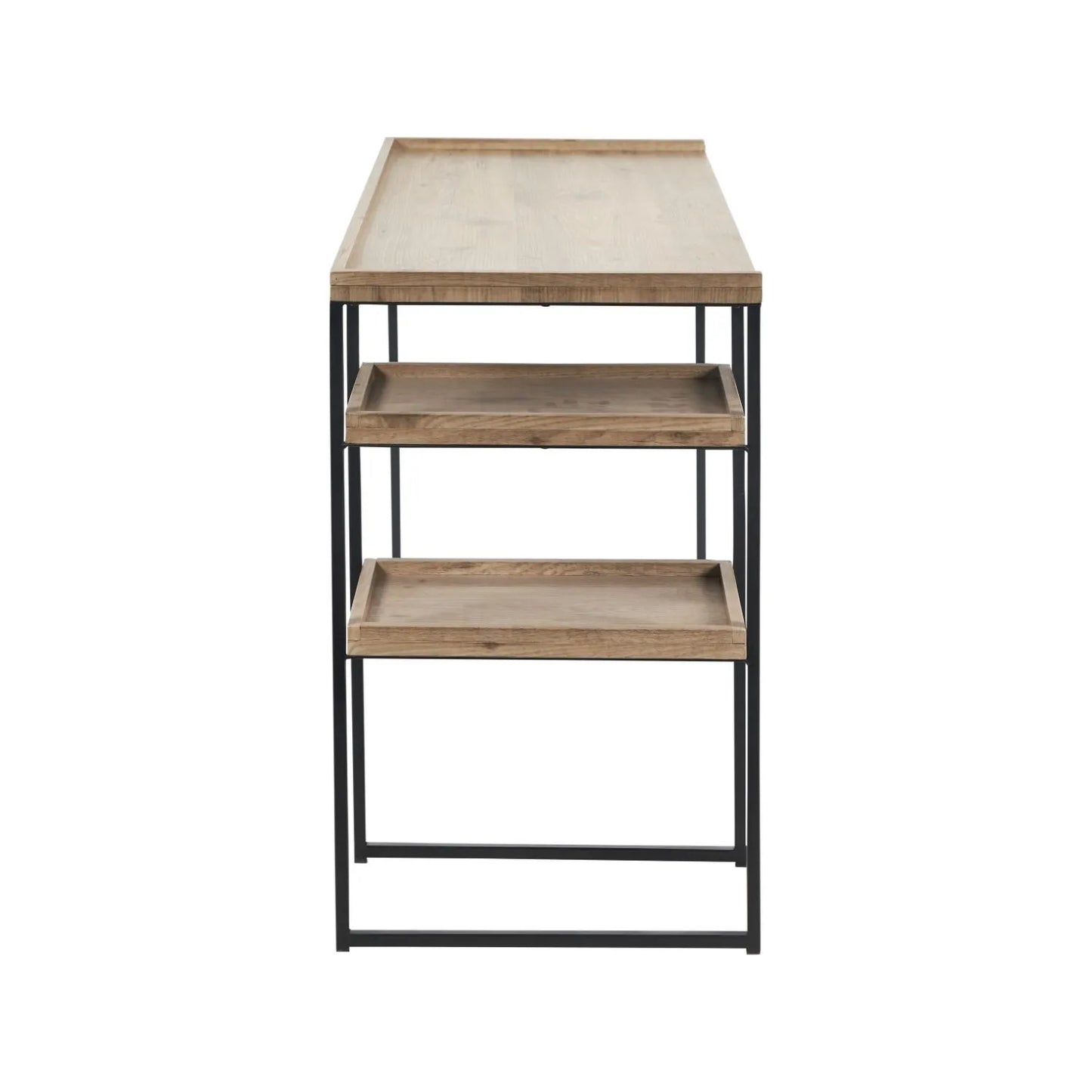 Natural wood effect veneer desk with 2 storage shelves and black metal frame side view with front shelving | Click Style