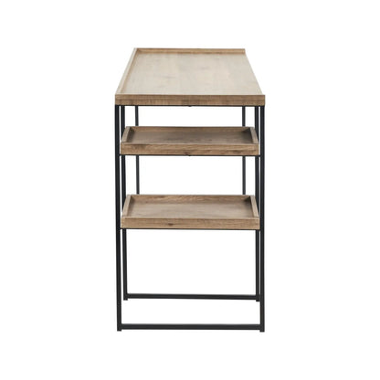 Natural wood effect veneer desk with 2 storage shelves and black metal frame side view with front shelving | Click Style