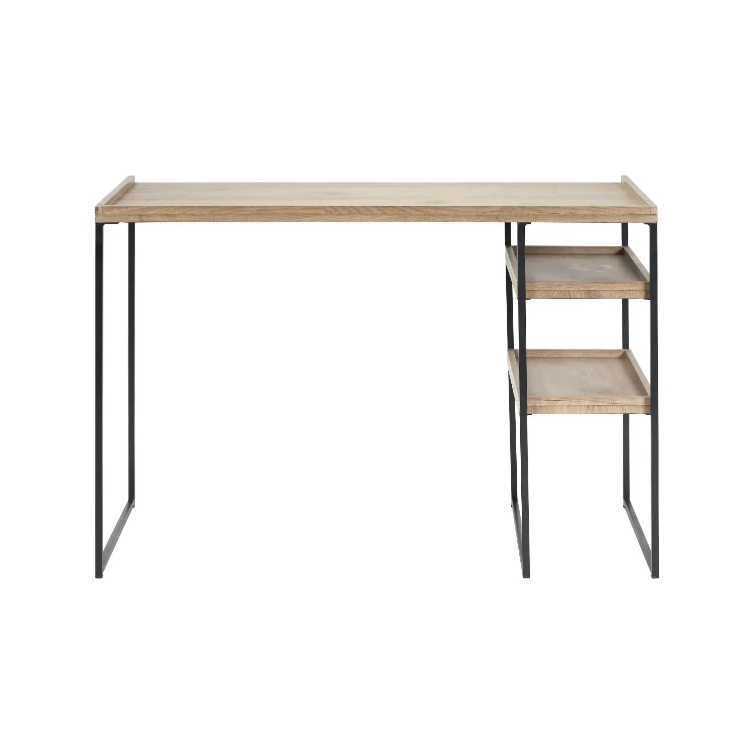 Natural wood effect veneer desk with 2 storage shelves and black metal frame back view | Click Style