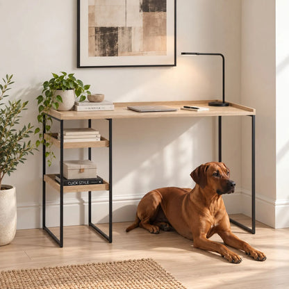 Natural Wood Effect Veneer Desk with 2 Storage Shelves & Black Metal Frame styled in a home office with Rhodesian Ridgeback | Click Style