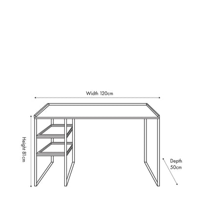 Natural wood effect veneer desk with 2 storage shelves and black metal frame dimension drawing W120 x D50 x H81cm | Click Style