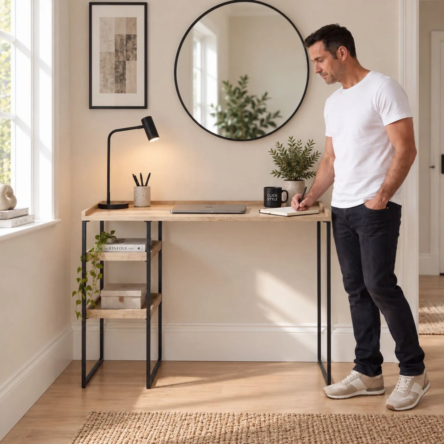 Natural Wood Effect Veneer Desk with 2 Storage Shelves & Black Metal Frame styled in a modern home office with man writing | Click Style