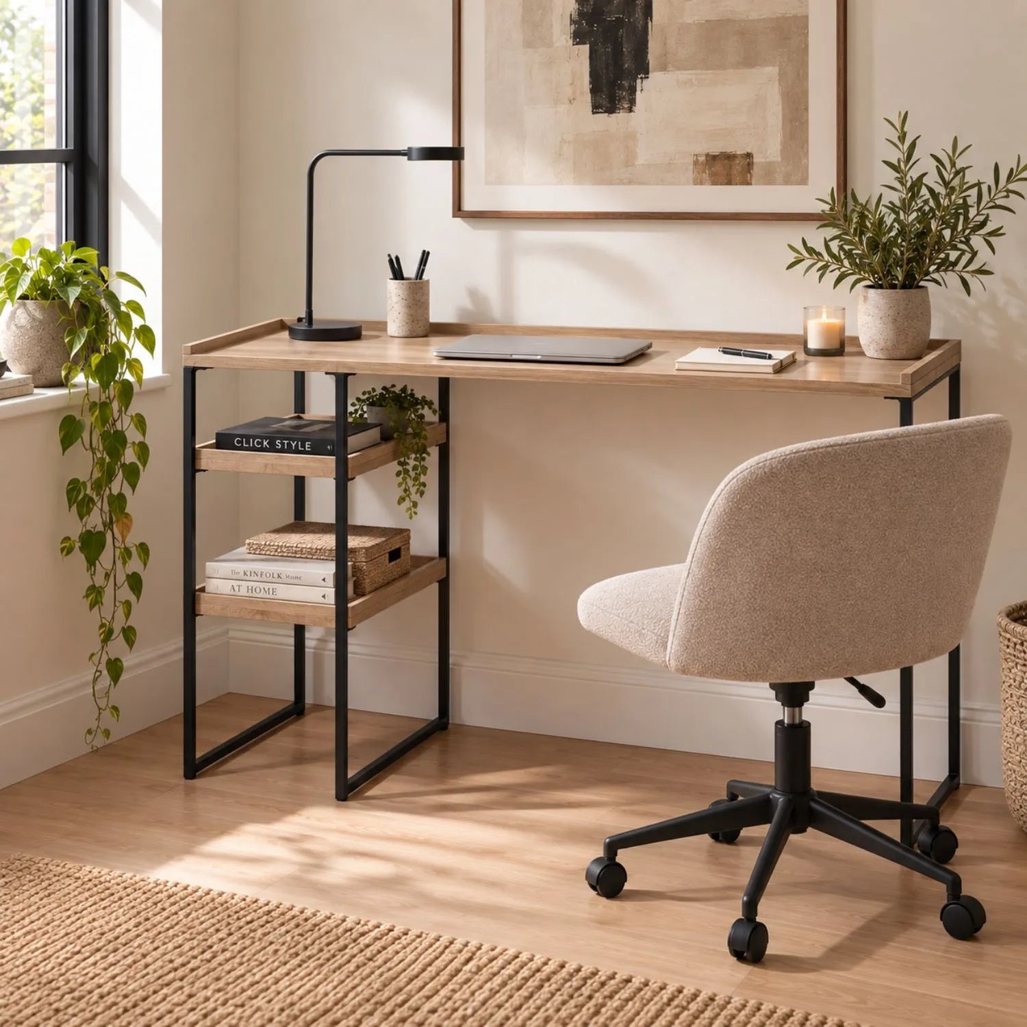 Natural Wood Effect Veneer Desk with 2 Storage Shelves & Black Metal Frame styled in a contemporary home office | Click Style